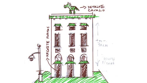 Rabisco de ideia para construir um prédio de papelão